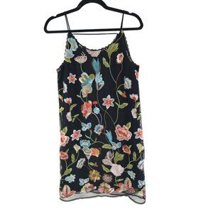 Aqua Embroidered Floral Mesh Slip Dress S Sleeveless Low Back Black Multicolor